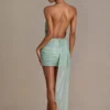 Clarisse Embellished Open-Back Mini Dress in Sage Green