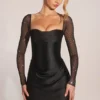Clemmie Long-Sleeve Draped Mini Dress in Black