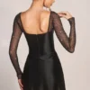 Clemmie Long-Sleeve Draped Mini Dress in Black