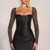 Clemmie Long-Sleeve Draped Mini Dress in Black