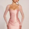 Clemmie Long-Sleeve Draped Mini Dress in Blush Pink
