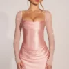 Clemmie Long-Sleeve Draped Mini Dress in Blush Pink