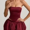 Clemmy Bubble Hem Mid-Rise Mini Skirt in Wine Red