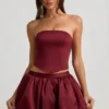 Clemmy Bubble Hem Mid-Rise Mini Skirt in Wine Red