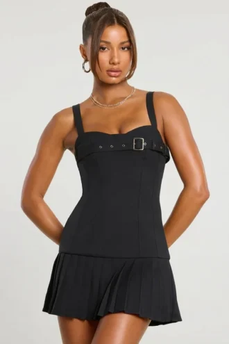 Clover Brushed Twill Drop Waist Kilt Mini Dress in Black