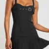 Clover Brushed Twill Drop Waist Kilt Mini Dress in Black