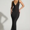 Colmar Embellished Plunge Neck Evening Gown in Black