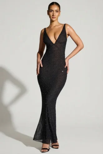 Colmar Embellished Plunge Neck Evening Gown in Black