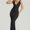 Colmar Embellished Plunge Neck Evening Gown in Black