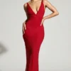 Colmar Embellished Plunge Neck Evening Gown in Red