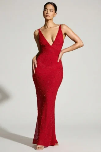 Colmar Embellished Plunge Neck Evening Gown in Red