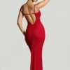 Colmar Embellished Plunge Neck Evening Gown in Red