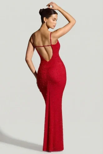 Colmar Embellished Plunge Neck Evening Gown in Red