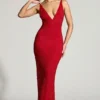 Colmar Embellished Plunge Neck Evening Gown in Red