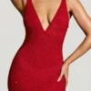 Colmar Embellished Plunge Neck Evening Gown in Red