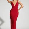 Colmar Embellished Plunge Neck Evening Gown in Red