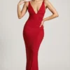 Colmar Embellished Plunge Neck Evening Gown in Red