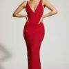 Colmar Embellished Plunge Neck Evening Gown in Red