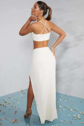 Como Embellished Knot Front Maxi Skirt in Ivory