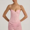 Connie Semi-Sheer Embellished Draped Corset Mini Dress in Pink