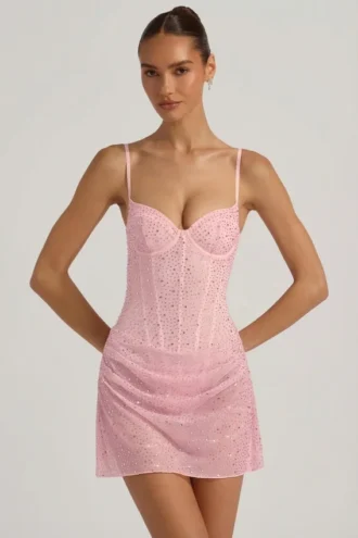 Connie Semi-Sheer Embellished Draped Corset Mini Dress in Pink