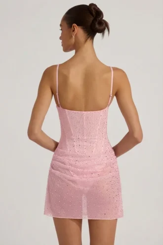 Connie Semi-Sheer Embellished Draped Corset Mini Dress in Pink