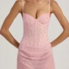 Connie Semi-Sheer Embellished Draped Corset Mini Dress in Pink