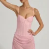 Connie Semi-Sheer Embellished Draped Corset Mini Dress in Pink