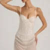 Connie Semi-Sheer Embellished Draped Corset Mini Dress in White