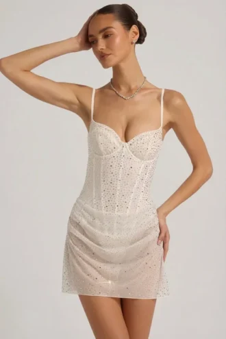 Connie Semi-Sheer Embellished Draped Corset Mini Dress in White