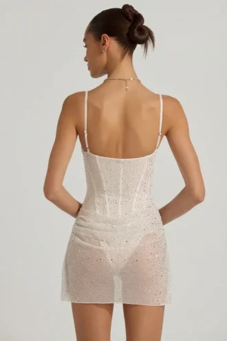 Connie Semi-Sheer Embellished Draped Corset Mini Dress in White