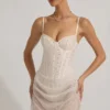 Connie Semi-Sheer Embellished Draped Corset Mini Dress in White