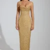 Constance Embellished Cowl-Neck Maxi Dress in Gold