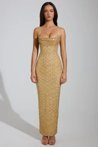 Constance Embellished Cowl-Neck Maxi Dress in Gold