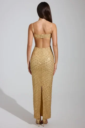 Constance Embellished Cowl-Neck Maxi Dress in Gold