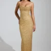 Constance Embellished Cowl-Neck Maxi Dress in Gold