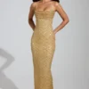Constance Embellished Cowl-Neck Maxi Dress in Gold