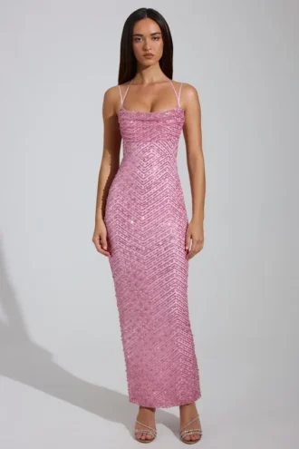 Constance Embellished Cowl-Neck Maxi Dress in Pink