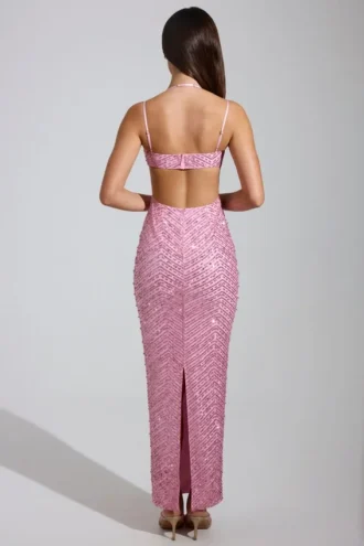 Constance Embellished Cowl-Neck Maxi Dress in Pink