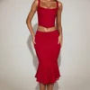 Coral Lace Mid-Rise Fluted Midi Skirt in True Red