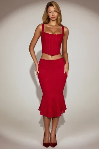 Coral Lace Mid-Rise Fluted Midi Skirt in True Red