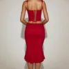 Coral Lace Mid-Rise Fluted Midi Skirt in True Red