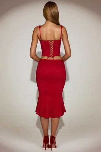 Coral Lace Mid-Rise Fluted Midi Skirt in True Red