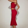 Coral Lace Mid-Rise Fluted Midi Skirt in True Red