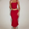Coral Lace Mid-Rise Fluted Midi Skirt in True Red