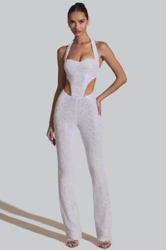 Coralena Embellished Cut-Out Jumpsuit in White