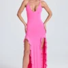 Coraline Ruched Ruffle-Trim Maxi Dress in Lollipop Pink