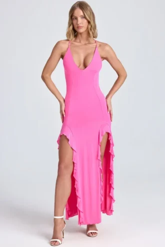 Coraline Ruched Ruffle-Trim Maxi Dress in Lollipop Pink