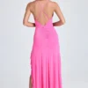 Coraline Ruched Ruffle-Trim Maxi Dress in Lollipop Pink
