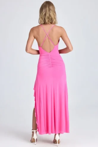 Coraline Ruched Ruffle-Trim Maxi Dress in Lollipop Pink